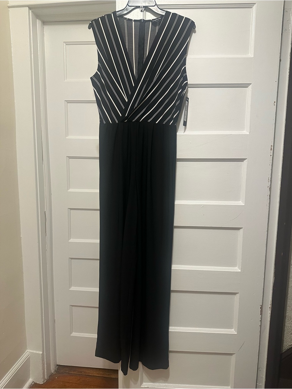 bebe Black and White Striped V-Neck Sleeveless Jumpsuit